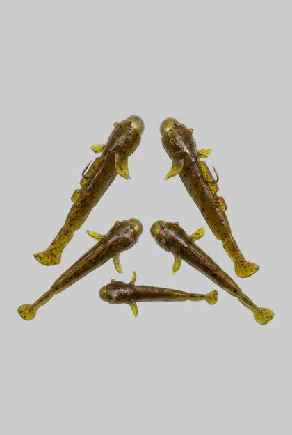 G.E.T Gobies pre-rigged soft plastics in Green Pumpkin Red Flake, 3-pack