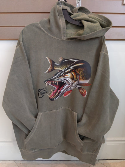 GET Fishing musky hoodie in Weathered Green, front view