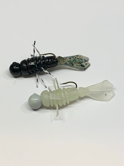 Fuzz Bug 2-pack, black and glow white, on white background — Proven Producer Lures and Rigs