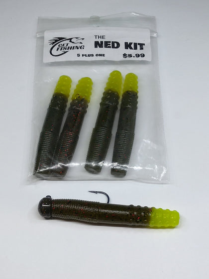 The Ned Kit, Pumpkin Red Flake with Chartreuse Tip — 5 baits plus one Ned head jig, on white background — GET Fishing